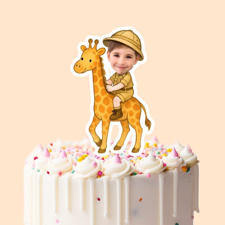 Custom Giraffe Safari Tan Safari Helmet Face Cutout – Cake Topper Custom Giraffe Safari Tan Safari Helmet Face Cutout shown on a cake topper mockup