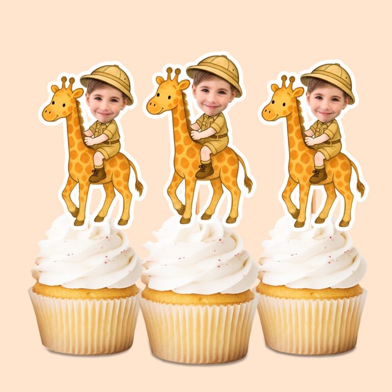 Custom Giraffe Safari Tan Safari Helmet Face Cutout – Cupcake Topper Custom Giraffe Safari Tan Safari Helmet Face Cutout shown on a cupcake topper mockup