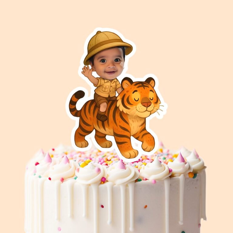 Custom Tiger Safari Rider Waving Face Cutout – Cake Topper Custom Tiger Safari Rider Waving Face Cutout shown on a cake topper mockup