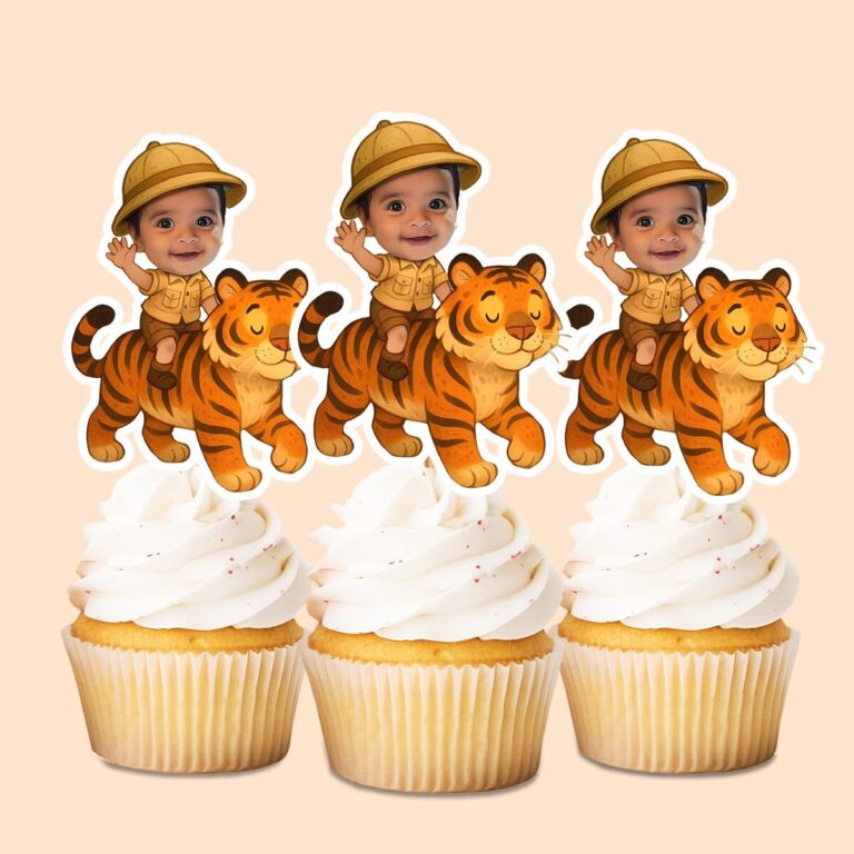 Custom Tiger Safari Rider Waving Face Cutout – Cupcake Topper Custom Tiger Safari Rider Waving Face Cutout shown on a cupcake topper mockup