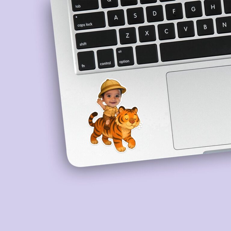 Custom Tiger Safari Rider Waving Face Cutout – Sticker Custom Tiger Safari Rider Waving Face Cutout shown on a sticker mockup