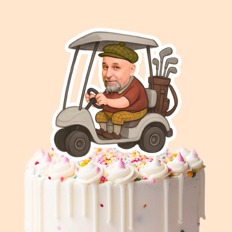 Custom Golfer Driving a Golf Cart Brown Shirt Face Cutout – Cake Topper Custom Golfer Driving a Golf Cart Brown Shirt Face Cutout shown on a cake topper mockup