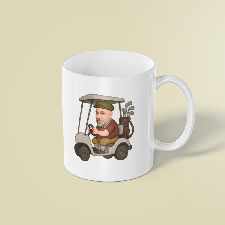 Custom Golfer Driving a Golf Cart Brown Shirt Face Cutout – Mug Custom Golfer Driving a Golf Cart Brown Shirt Face Cutout shown on a mug mockup