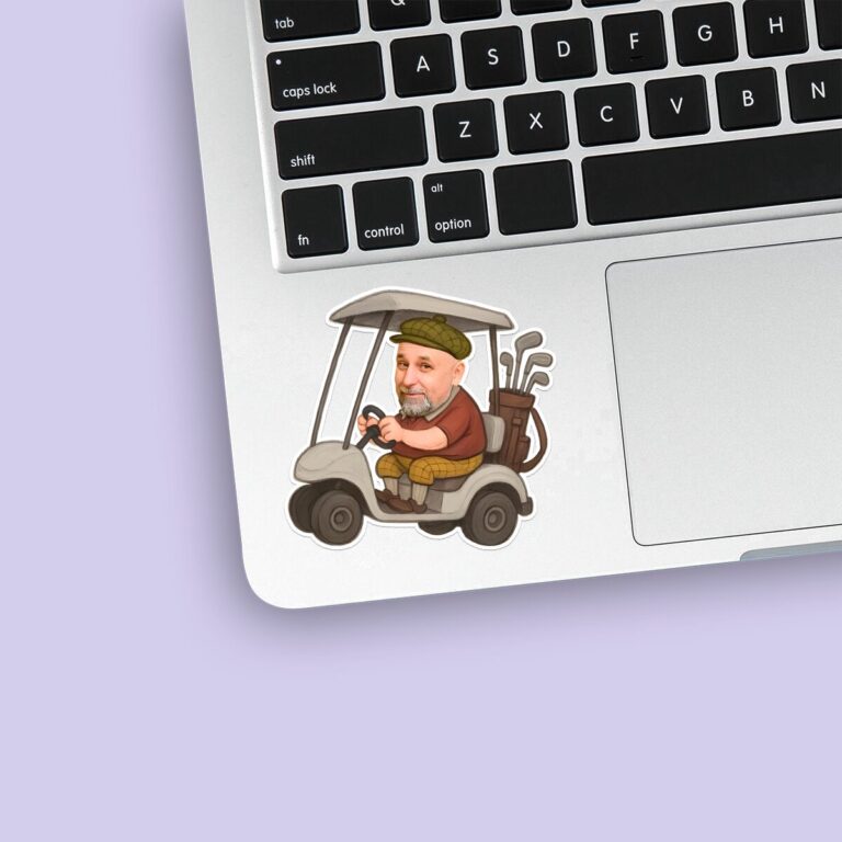 Custom Golfer Driving a Golf Cart Brown Shirt Face Cutout – Sticker Custom Golfer Driving a Golf Cart Brown Shirt Face Cutout shown on a sticker mockup