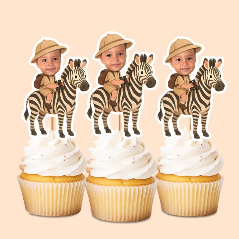 Custom Zebra Safari Explorer Tan Safari Helmet Face Cutout – Cupcake Topper Custom Zebra Safari Explorer Tan Safari Helmet Face Cutout shown on a cupcake topper mockup