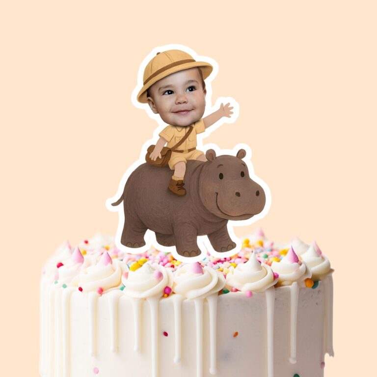 Custom Brown-Gray Hippo Safari Rider Face Cutout – Cake Topper Custom Brown-Gray Hippo Safari Rider Face Cutout shown on a cake topper mockup