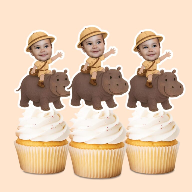 Custom Brown-Gray Hippo Safari Rider Face Cutout – Cupcake Topper Custom Brown-Gray Hippo Safari Rider Face Cutout shown on a cupcake topper mockup