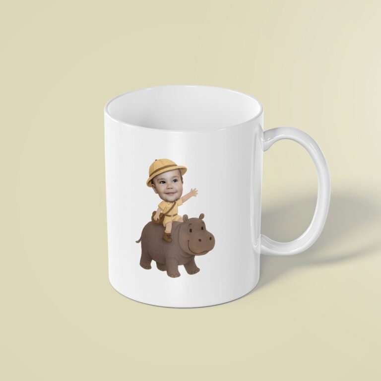Custom Brown-Gray Hippo Safari Rider Face Cutout – Mug Custom Brown-Gray Hippo Safari Rider Face Cutout shown on a mug mockup