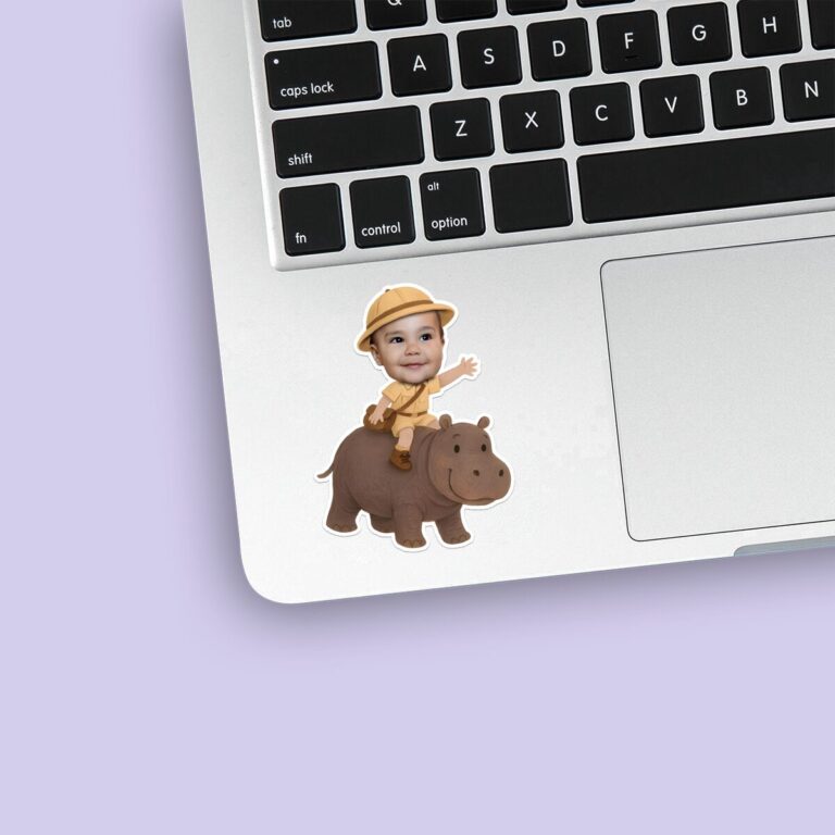 Custom Brown-Gray Hippo Safari Rider Face Cutout – Sticker Custom Brown-Gray Hippo Safari Rider Face Cutout shown on a sticker mockup
