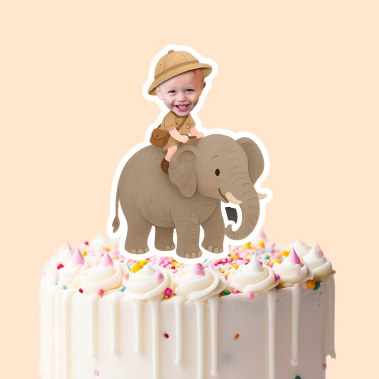 Custom Elephant Safari Explorer Gray Elephant Face Cutout – Cake Topper Custom Elephant Safari Explorer Gray Elephant Face Cutout shown on a cake topper mockup
