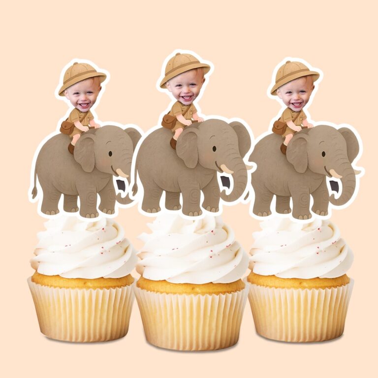 Custom Elephant Safari Explorer Gray Elephant Face Cutout – Cupcake Topper Custom Elephant Safari Explorer Gray Elephant Face Cutout shown on a cupcake topper mockup