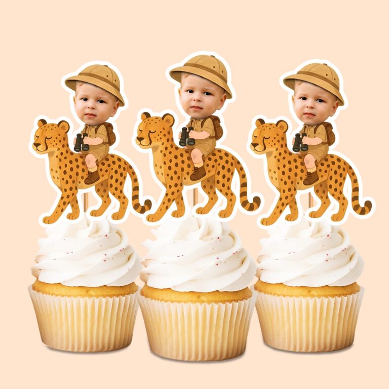 Custom Cheetah Safari Explorer Face Cutout – Cupcake Topper Custom Cheetah Safari Explorer Face Cutout shown on a cupcake topper mockup