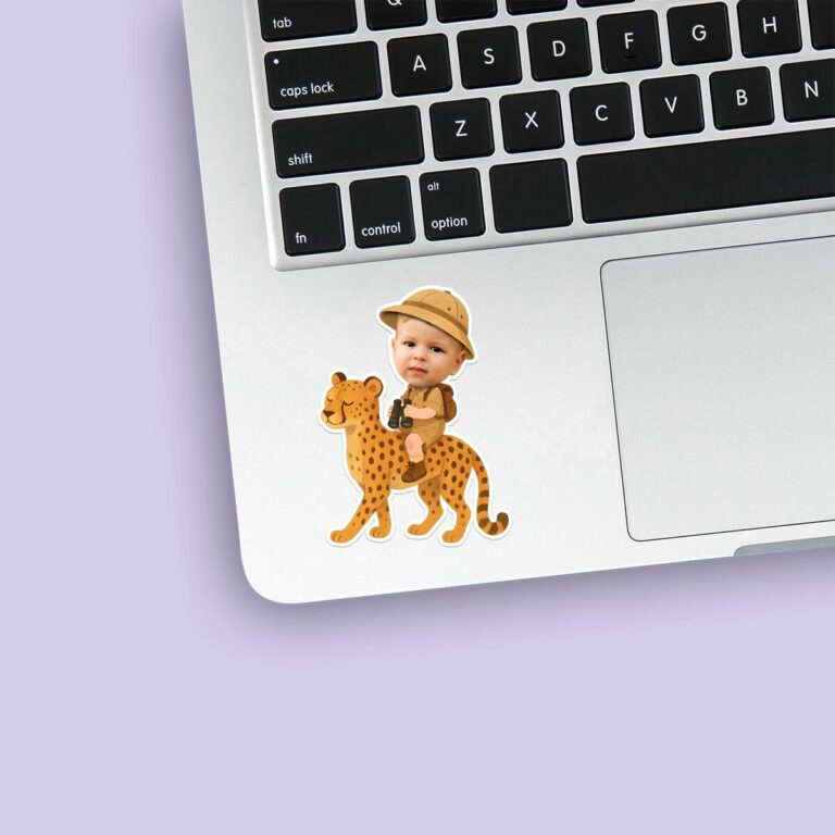 Custom Cheetah Safari Explorer Face Cutout – Sticker Custom Cheetah Safari Explorer Face Cutout shown on a sticker mockup