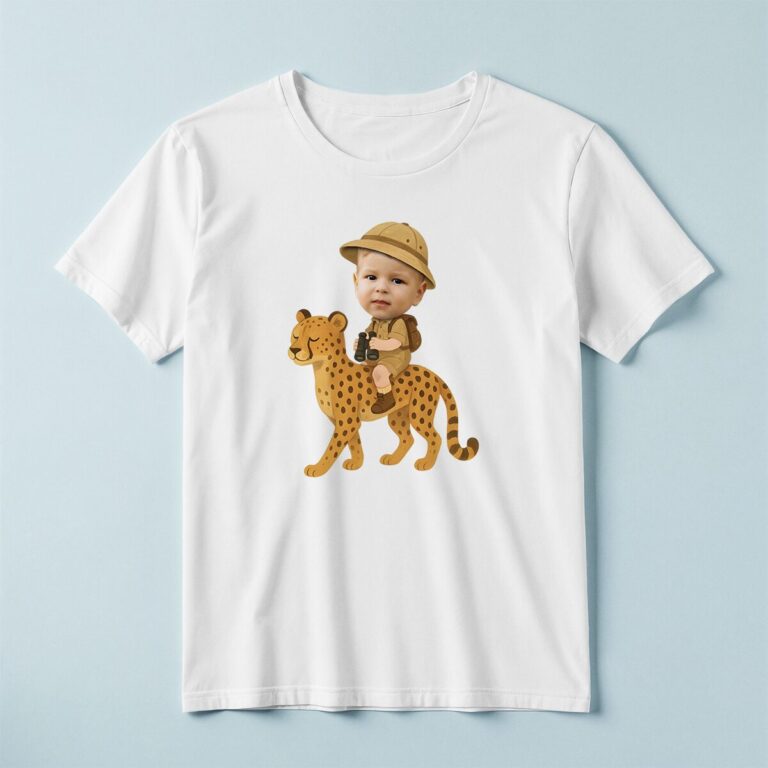 Custom Cheetah Safari Explorer Face Cutout – T-shirt Custom Cheetah Safari Explorer Face Cutout shown on a T-shirt mockup