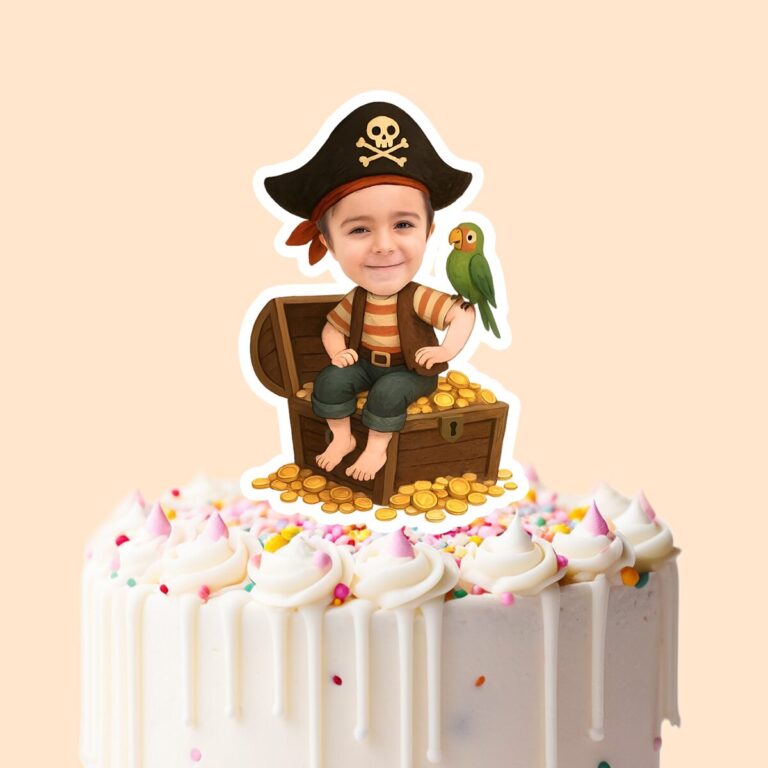 Custom Pirate Seated on a Treasure Chest Face Cutout – Cake Topper Custom Pirate Seated on a Treasure Chest Face Cutout shown on a cake topper mockup