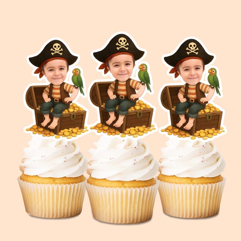 Custom Pirate Seated on a Treasure Chest Face Cutout – Cupcake Topper Custom Pirate Seated on a Treasure Chest Face Cutout shown on a cupcake topper mockup