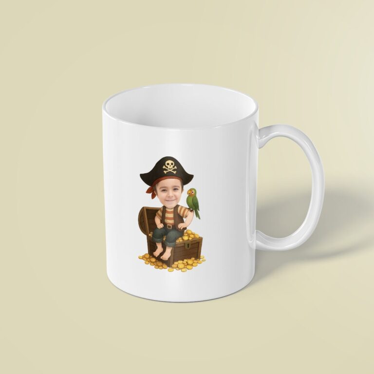 Custom Pirate Seated on a Treasure Chest Face Cutout – Mug Custom Pirate Seated on a Treasure Chest Face Cutout shown on a mug mockup