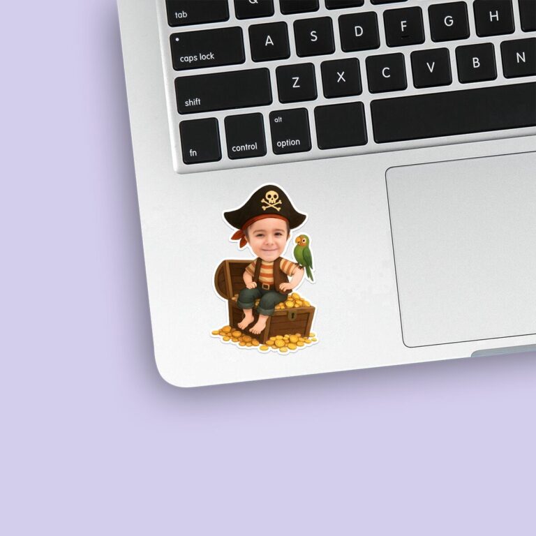 Custom Pirate Seated on a Treasure Chest Face Cutout – Sticker Custom Pirate Seated on a Treasure Chest Face Cutout shown on a sticker mockup