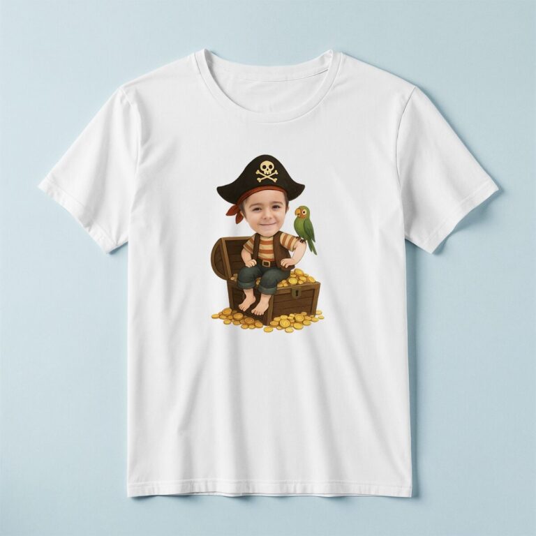Custom Pirate Seated on a Treasure Chest Face Cutout – T-shirt Custom Pirate Seated on a Treasure Chest Face Cutout shown on a T-shirt mockup