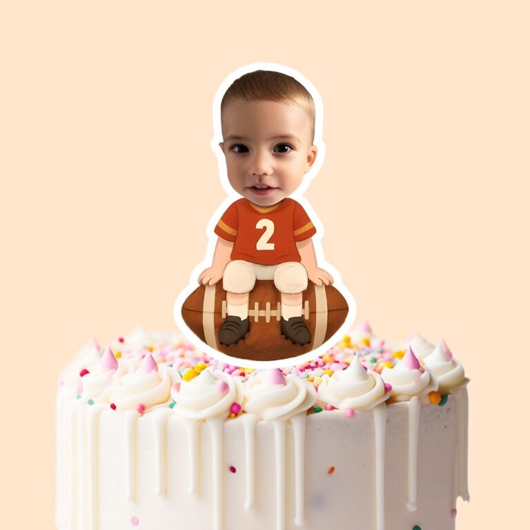 Custom Number 2 Football Player Seated Face Cutout – Cake Topper Custom Number 2 Football Player Seated Face Cutout shown on a cake topper mockup