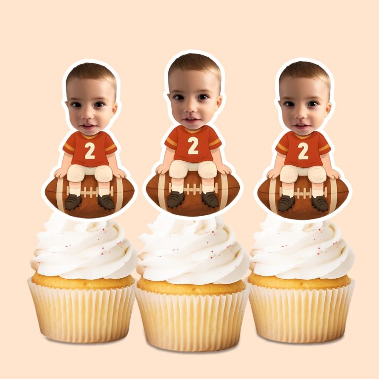 Custom Number 2 Football Player Seated Face Cutout – Cupcake Topper Custom Number 2 Football Player Seated Face Cutout shown on a cupcake topper mockup