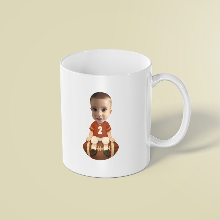 Custom Number 2 Football Player Seated Face Cutout – Mug Custom Number 2 Football Player Seated Face Cutout shown on a mug mockup