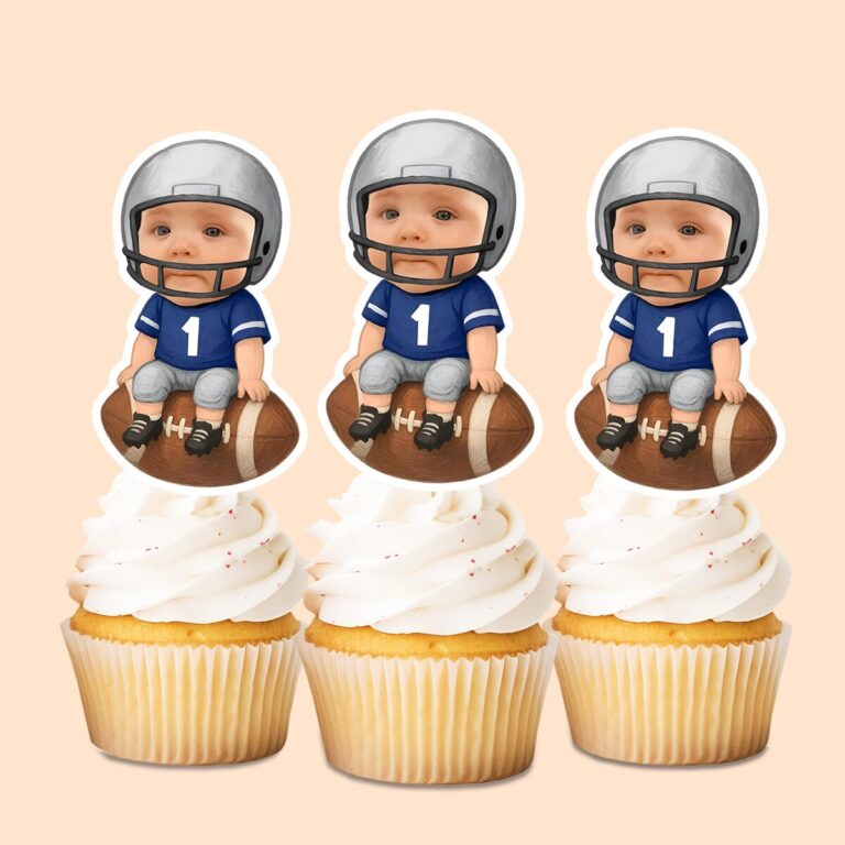 Custom Number 1 Football Player Seated Face Cutout – Cupcake Topper Custom Number 1 Football Player Seated Face Cutout shown on a cupcake topper mockup