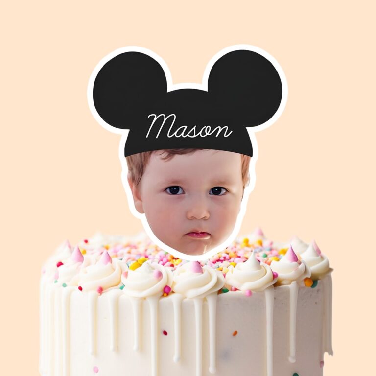 Custom Black Round-Ear Name-Cap Portrait Face Cutout – Cake Topper Custom Black Round-Ear Name-Cap Portrait Face Cutout shown on a cake topper mockup