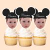 Custom Black Round-Ear Name-Cap Portrait Face Cutout – Cupcake Topper Custom Black Round-Ear Name-Cap Portrait Face Cutout shown on a cupcake topper mockup