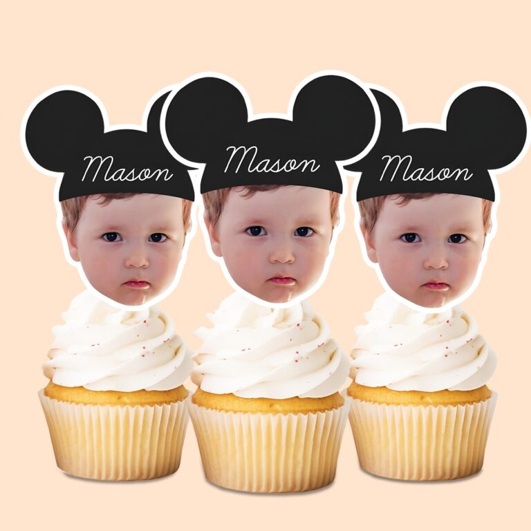 Custom Black Round-Ear Name-Cap Portrait Face Cutout – Cupcake Topper Custom Black Round-Ear Name-Cap Portrait Face Cutout shown on a cupcake topper mockup