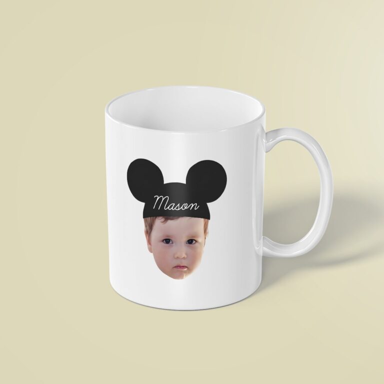 Custom Black Round-Ear Name-Cap Portrait Face Cutout – Mug Custom Black Round-Ear Name-Cap Portrait Face Cutout shown on a mug mockup