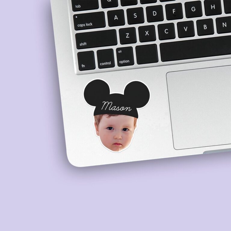 Custom Black Round-Ear Name-Cap Portrait Face Cutout – Sticker Custom Black Round-Ear Name-Cap Portrait Face Cutout shown on a sticker mockup