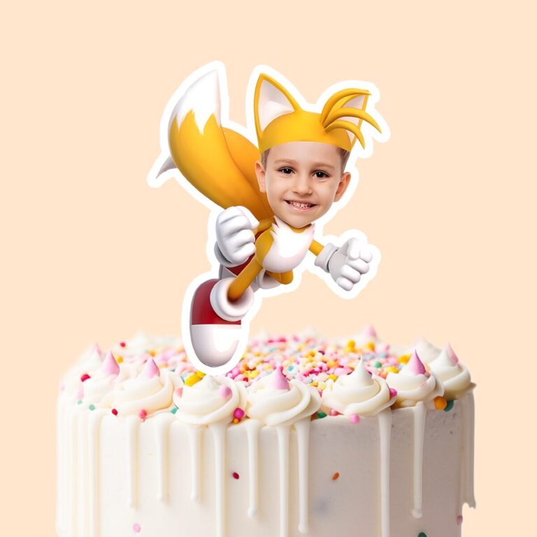 Custom Orange Twin-Tailed Fox Costume Face Cutout – Cake Topper Custom Orange Twin-Tailed Fox Costume Face Cutout shown on a cake topper mockup