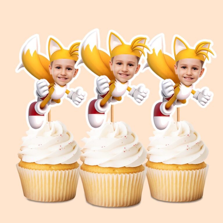 Custom Orange Twin-Tailed Fox Costume Face Cutout – Cupcake Topper Custom Orange Twin-Tailed Fox Costume Face Cutout shown on a cupcake topper mockup