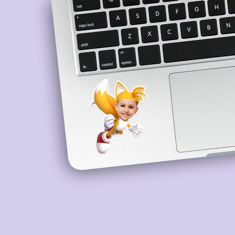 Custom Orange Twin-Tailed Fox Costume Face Cutout – Sticker Custom Orange Twin-Tailed Fox Costume Face Cutout shown on a sticker mockup