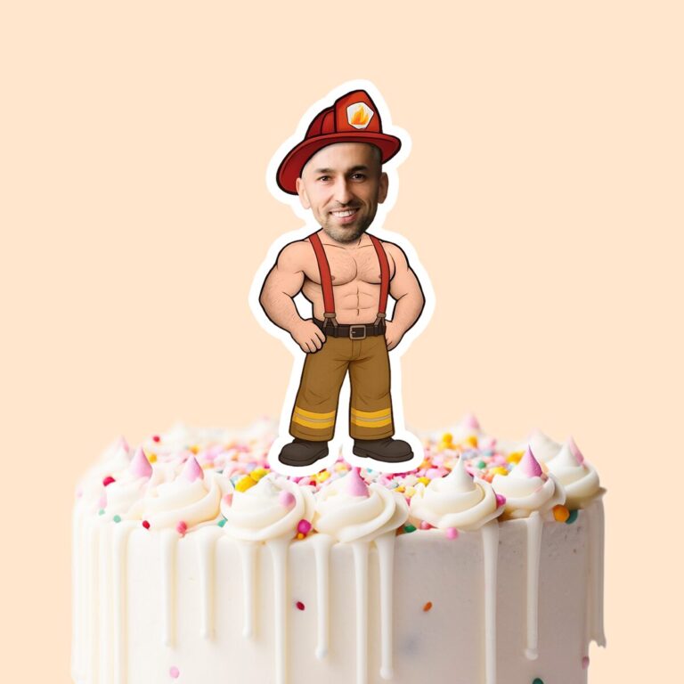 Custom Vintage-Style Firefighter Face Cutout – Cake Topper Custom Vintage-Style Firefighter Face Cutout shown on a cake topper mockup