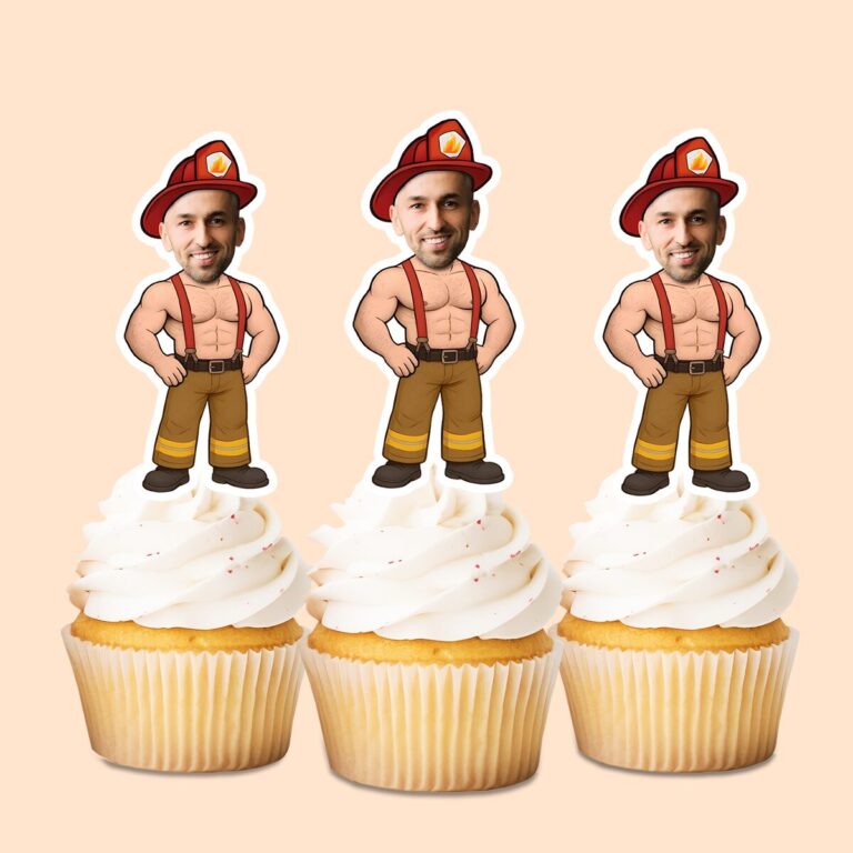 Custom Vintage-Style Firefighter Face Cutout – Cupcake Topper Custom Vintage-Style Firefighter Face Cutout shown on a cupcake topper mockup