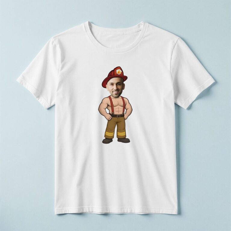 Custom Vintage-Style Firefighter Face Cutout – T-shirt Custom Vintage-Style Firefighter Face Cutout shown on a T-shirt mockup