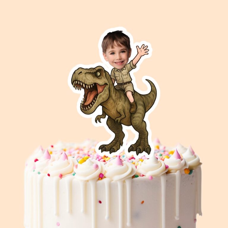 Custom Brown Tyrannosaur Rider Khaki Outfit Face Cutout – Cake Topper Custom Brown Tyrannosaur Rider Khaki Outfit Face Cutout shown on a cake topper mockup
