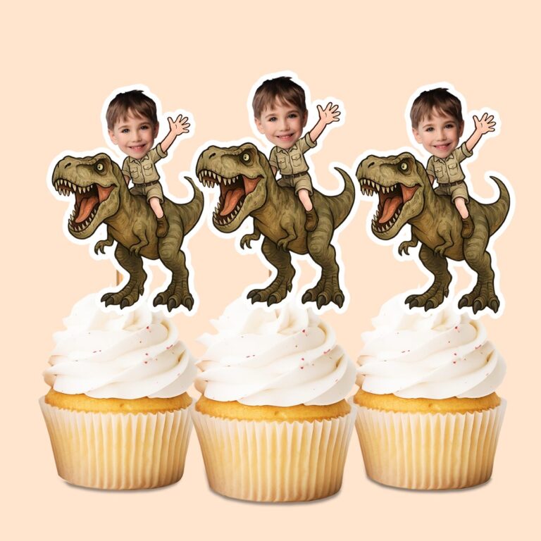 Custom Brown Tyrannosaur Rider Khaki Outfit Face Cutout – Cupcake Topper Custom Brown Tyrannosaur Rider Khaki Outfit Face Cutout shown on a cupcake topper mockup