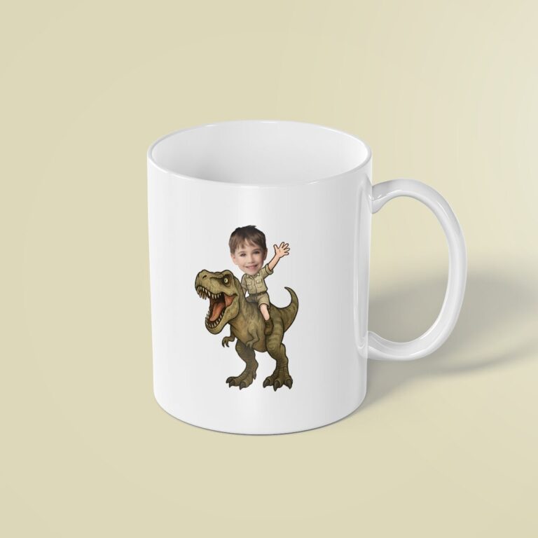 Custom Brown Tyrannosaur Rider Khaki Outfit Face Cutout – Mug Custom Brown Tyrannosaur Rider Khaki Outfit Face Cutout shown on a mug mockup