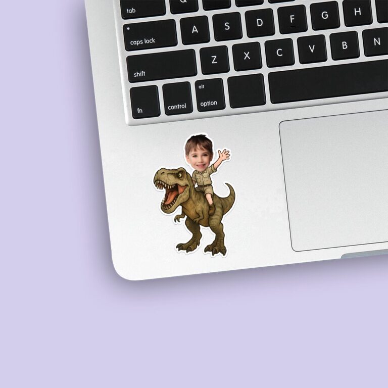 Custom Brown Tyrannosaur Rider Khaki Outfit Face Cutout – Sticker Custom Brown Tyrannosaur Rider Khaki Outfit Face Cutout shown on a sticker mockup