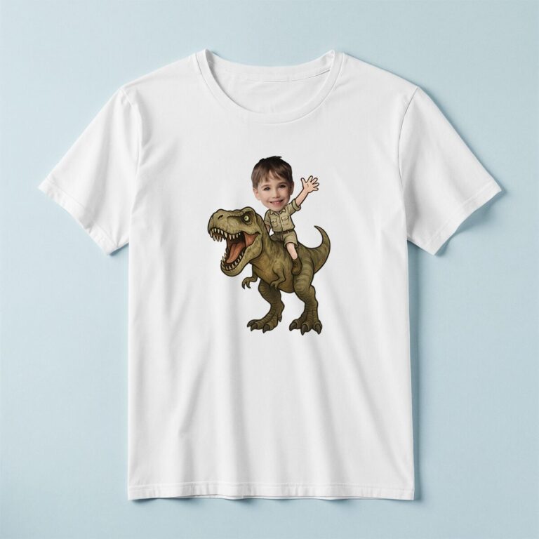 Custom Brown Tyrannosaur Rider Khaki Outfit Face Cutout – T-shirt Custom Brown Tyrannosaur Rider Khaki Outfit Face Cutout shown on a T-shirt mockup