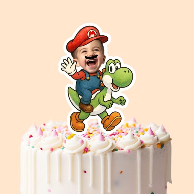 Custom Red Game Hero Riding a Green Dinosaur Face Cutout – Cake Topper Custom Red Game Hero Riding a Green Dinosaur Face Cutout shown on a cake topper mockup