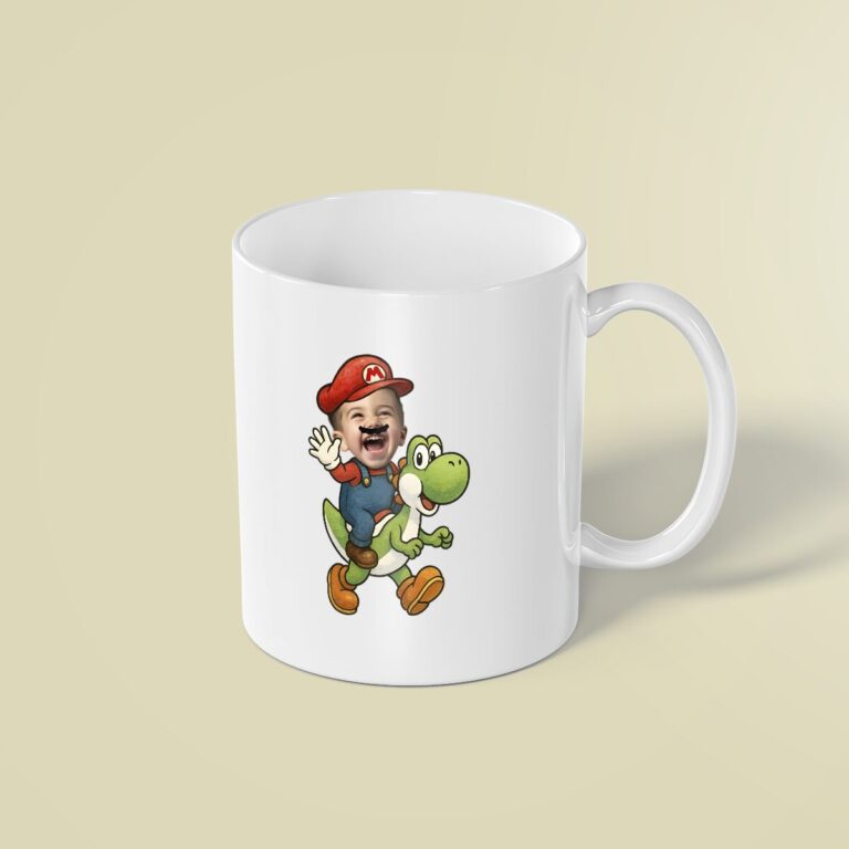Custom Red Game Hero Riding a Green Dinosaur Face Cutout – Mug Custom Red Game Hero Riding a Green Dinosaur Face Cutout shown on a mug mockup
