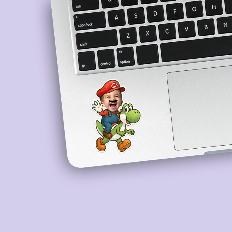 Custom Red Game Hero Riding a Green Dinosaur Face Cutout – Sticker Custom Red Game Hero Riding a Green Dinosaur Face Cutout shown on a sticker mockup