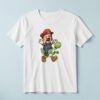 Custom Red Game Hero Riding a Green Dinosaur Face Cutout – T-shirt Custom Red Game Hero Riding a Green Dinosaur Face Cutout shown on a T-shirt mockup