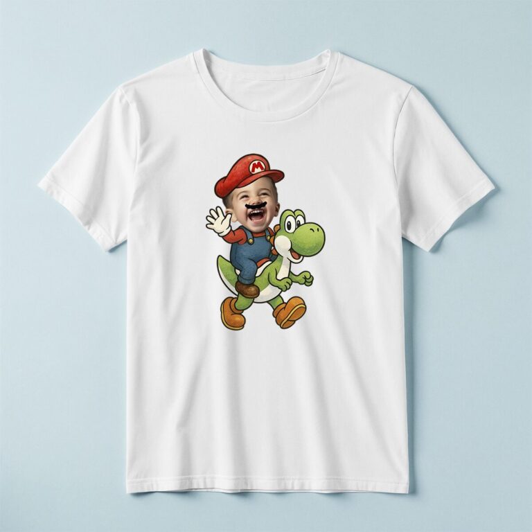 Custom Red Game Hero Riding a Green Dinosaur Face Cutout – T-shirt Custom Red Game Hero Riding a Green Dinosaur Face Cutout shown on a T-shirt mockup
