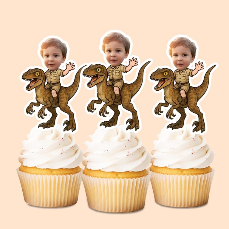 Custom Small Brown Raptor Explorer Rider Face Cutout – Cupcake Topper Custom Small Brown Raptor Explorer Rider Face Cutout shown on a cupcake topper mockup