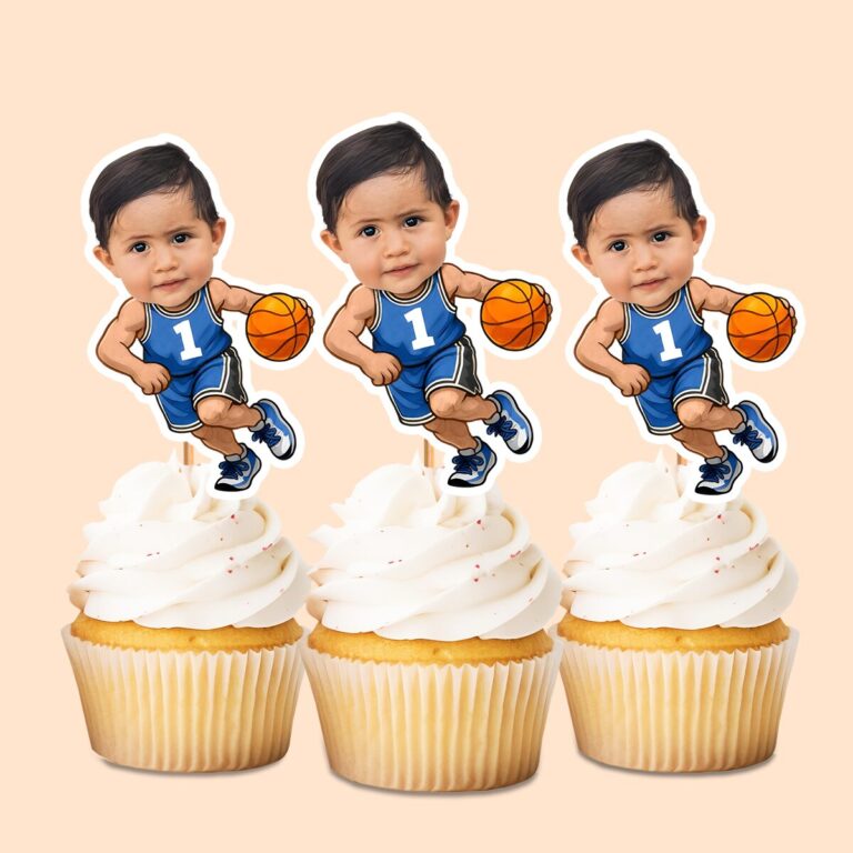 Custom Number 1 Basketball Player Dribbling Face Cutout – Cupcake Topper Custom Number 1 Basketball Player Dribbling Face Cutout shown on a cupcake topper mockup